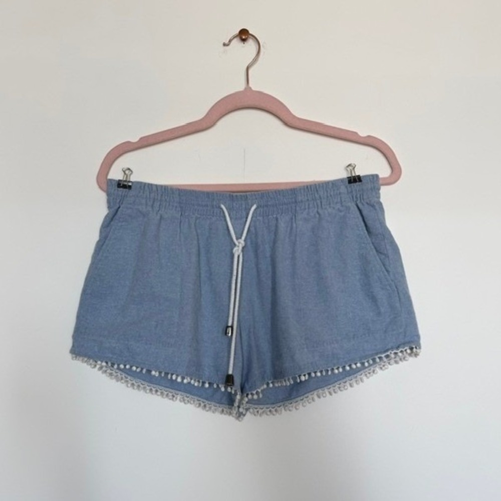 Rebecca Minkoff Chambray Drawstring Shorts with Pom Trim | Denim Shorts | S/M - Picture 2 of 8